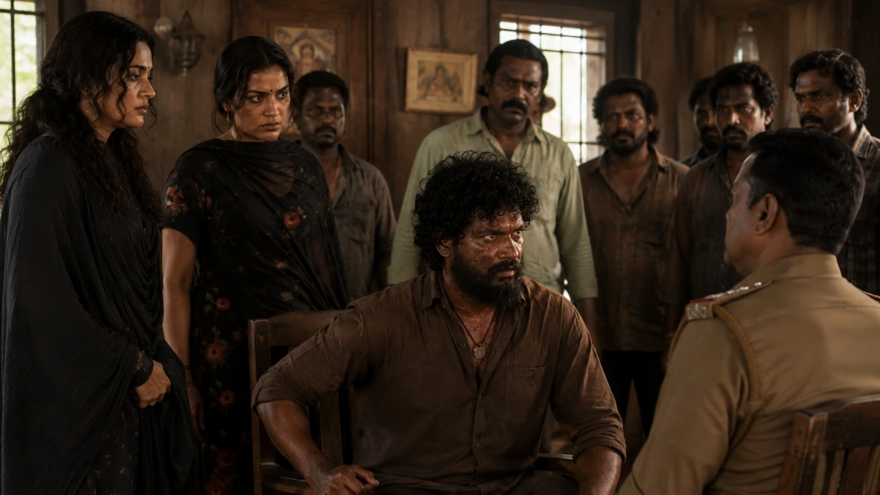 Police confrontation with characters in a dusty village setting