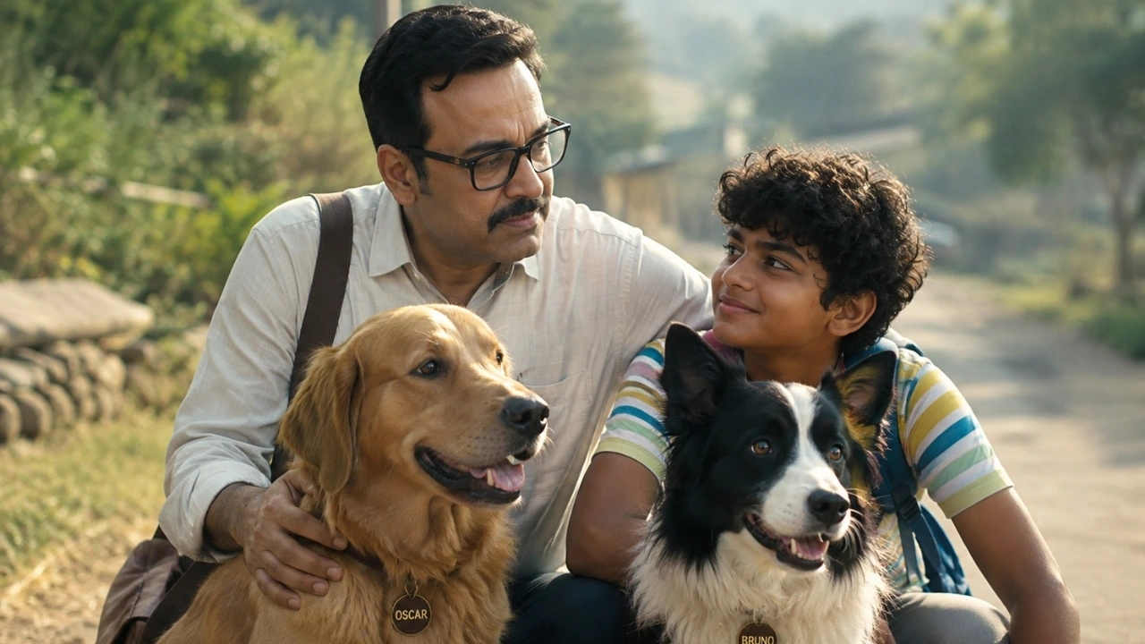 Pankaj Tripathi with a young boy and dogs Oscar and Bruno in Ohh My Dog