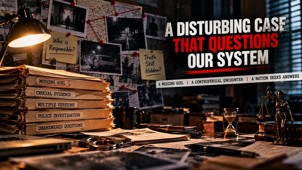Crime investigation desk with case files, evidence and questions about justice