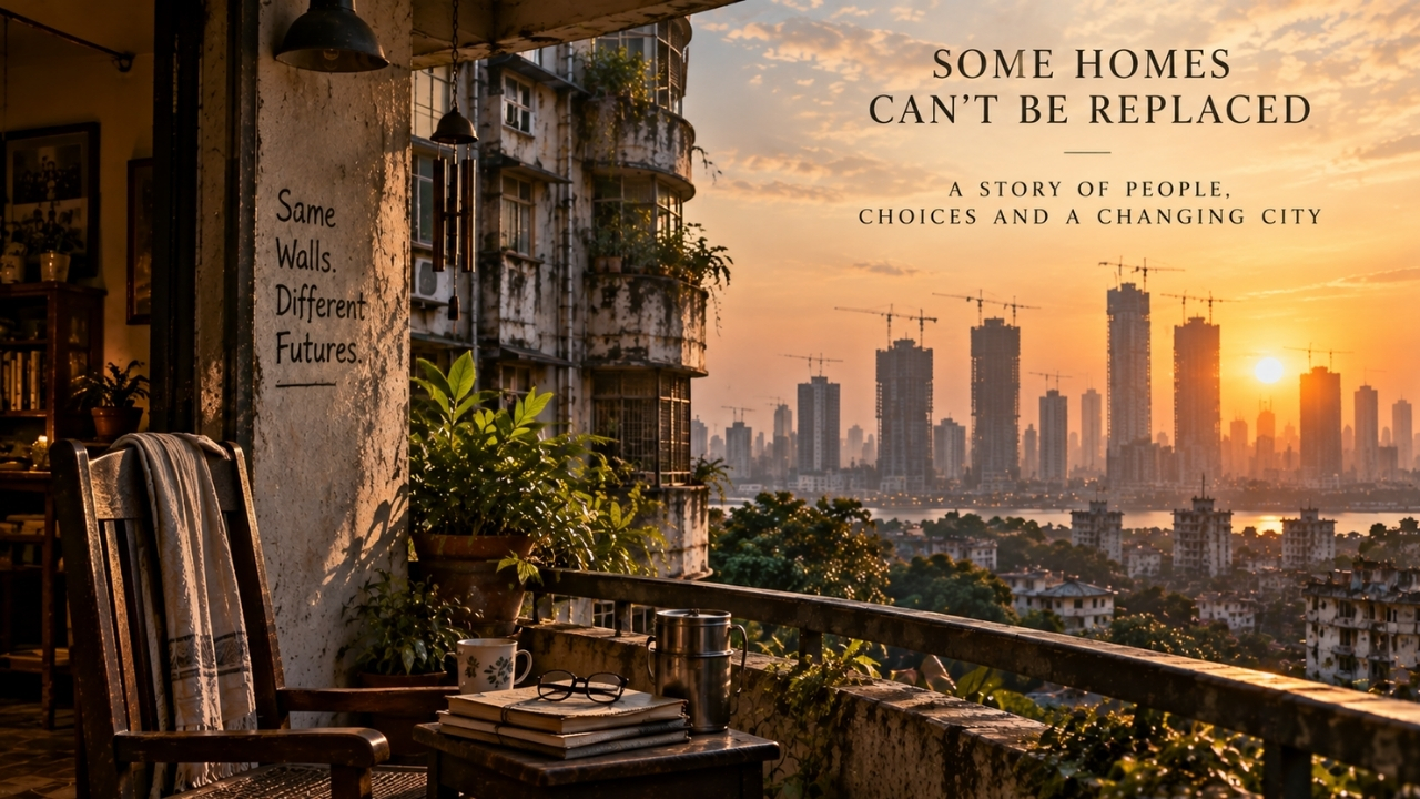 Aging residential tower against a Mumbai sunset