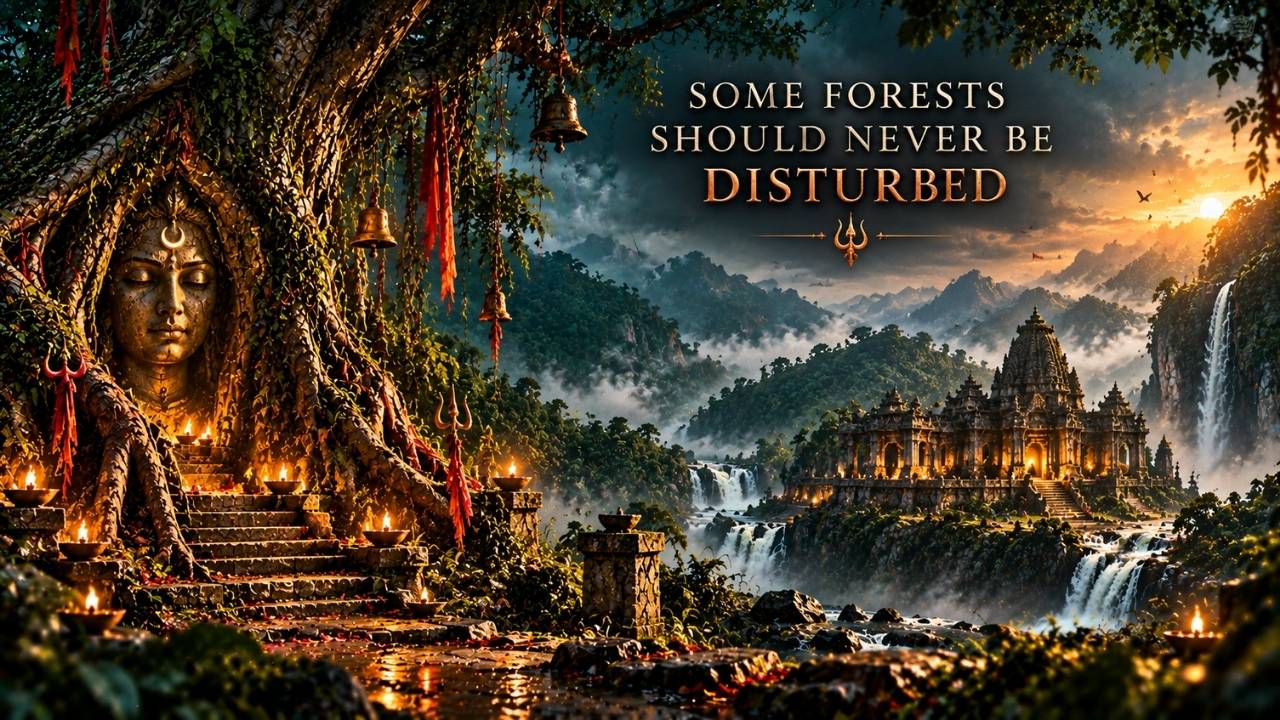 Misty forest village with lantern-lit houses, waterfalls and mountains inspired by The Vvaan