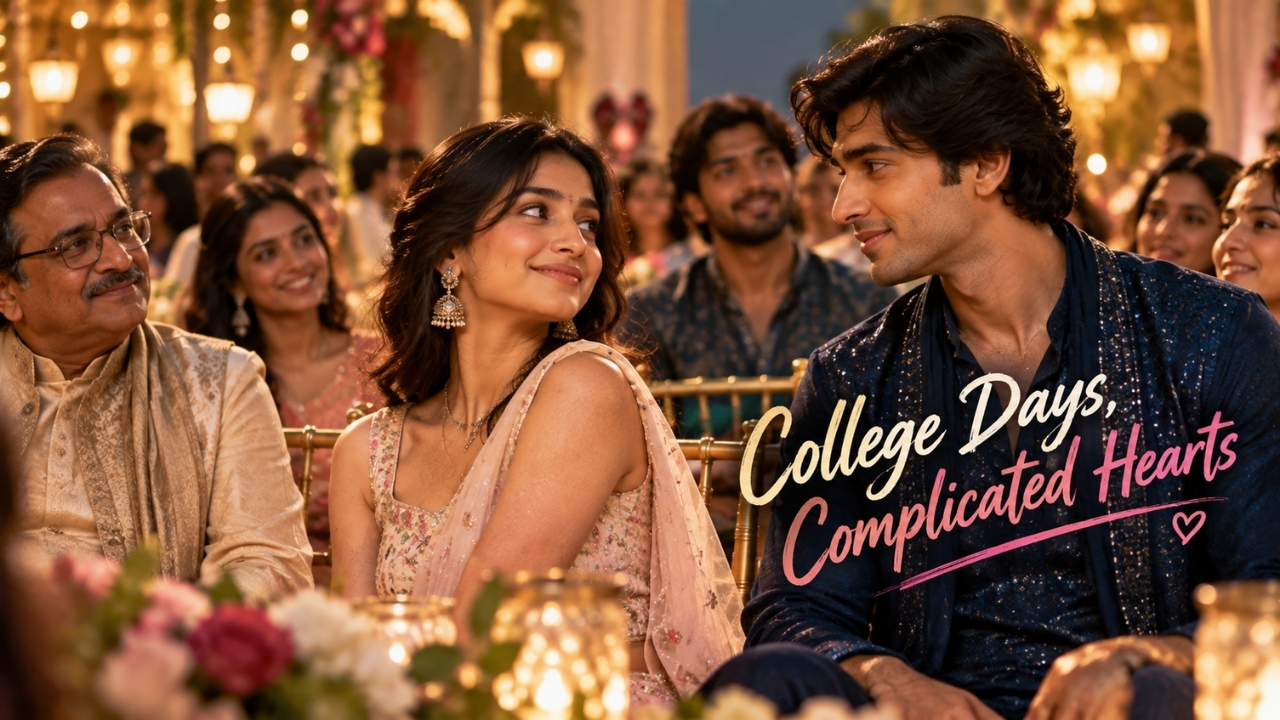 A young couple exchanging romantic glances at a beautifully decorated celebration surrounded by family and friends.