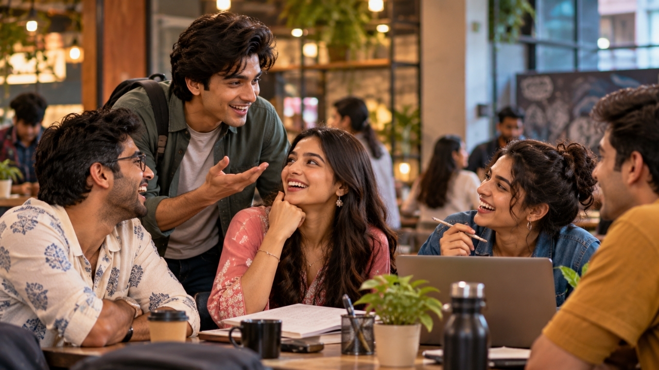 A group of college friends laughing and enjoying a fun conversation together at a cafe in a romantic comedy-inspired scene.