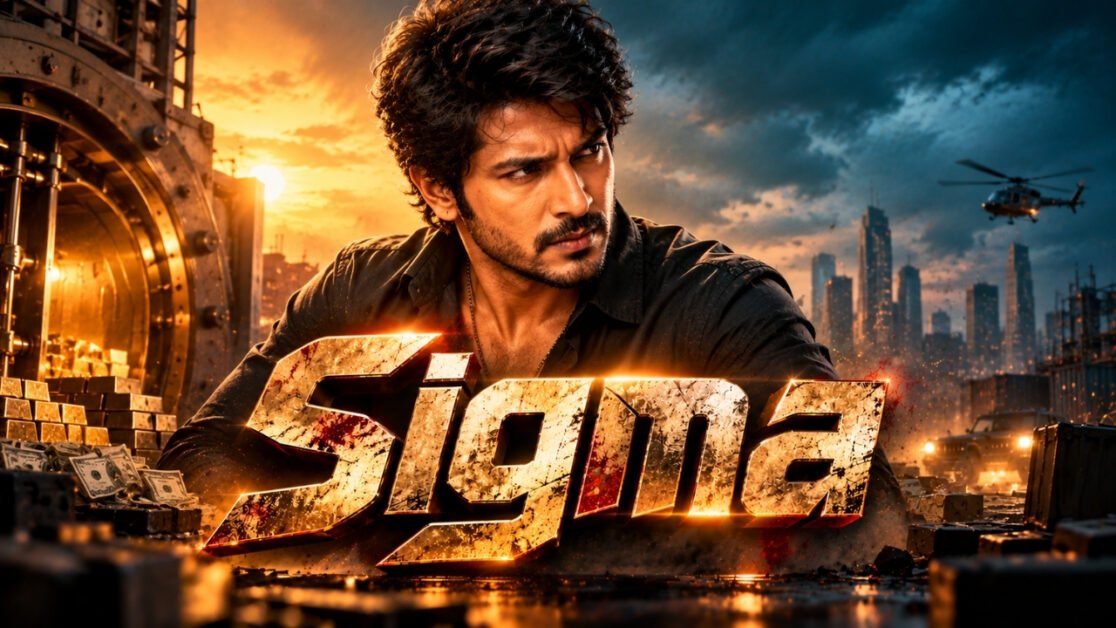 Sundeep Kishan in a dramatic Sigma movie themed action scene with a treasure vault and city skyline