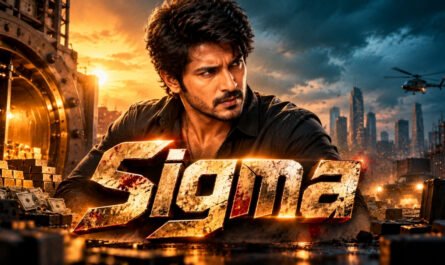 Sundeep Kishan in a dramatic Sigma movie themed action scene with a treasure vault and city skyline
