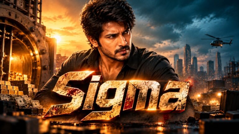 Sundeep Kishan in a dramatic Sigma movie themed action scene with a treasure vault and city skyline