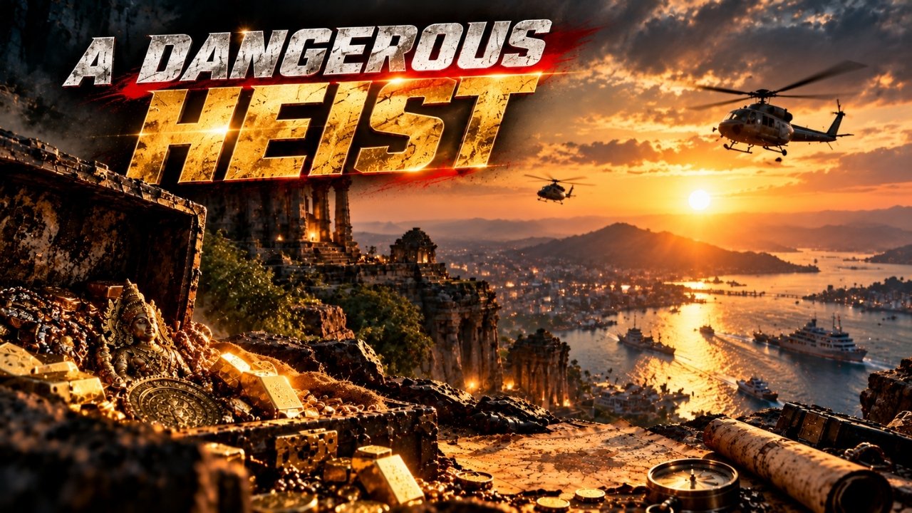 Sigma movie themed treasure heist scene with ancient ruins, gold treasure and helicopters at sunset