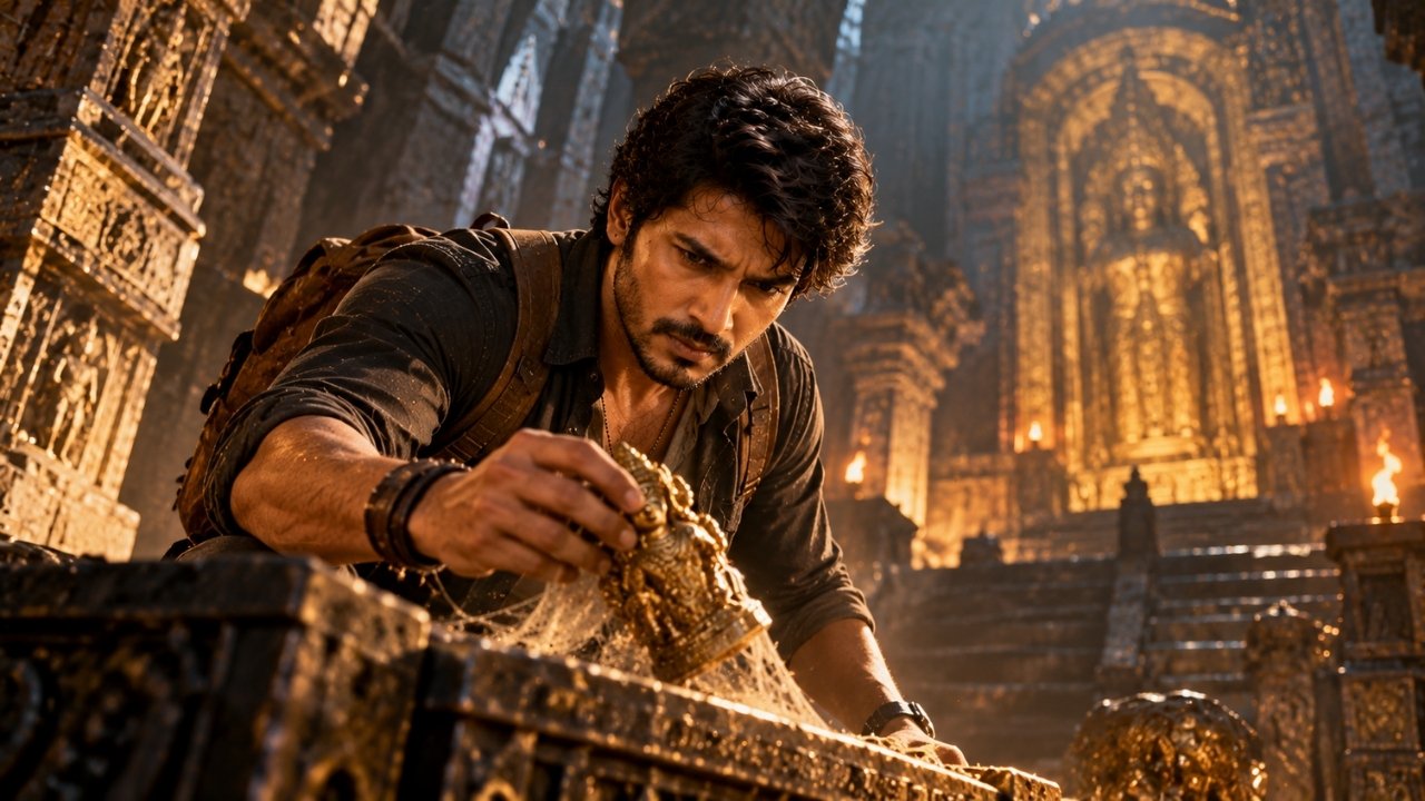 Sundeep Kishan exploring an ancient temple and discovering a golden artifact in Sigma