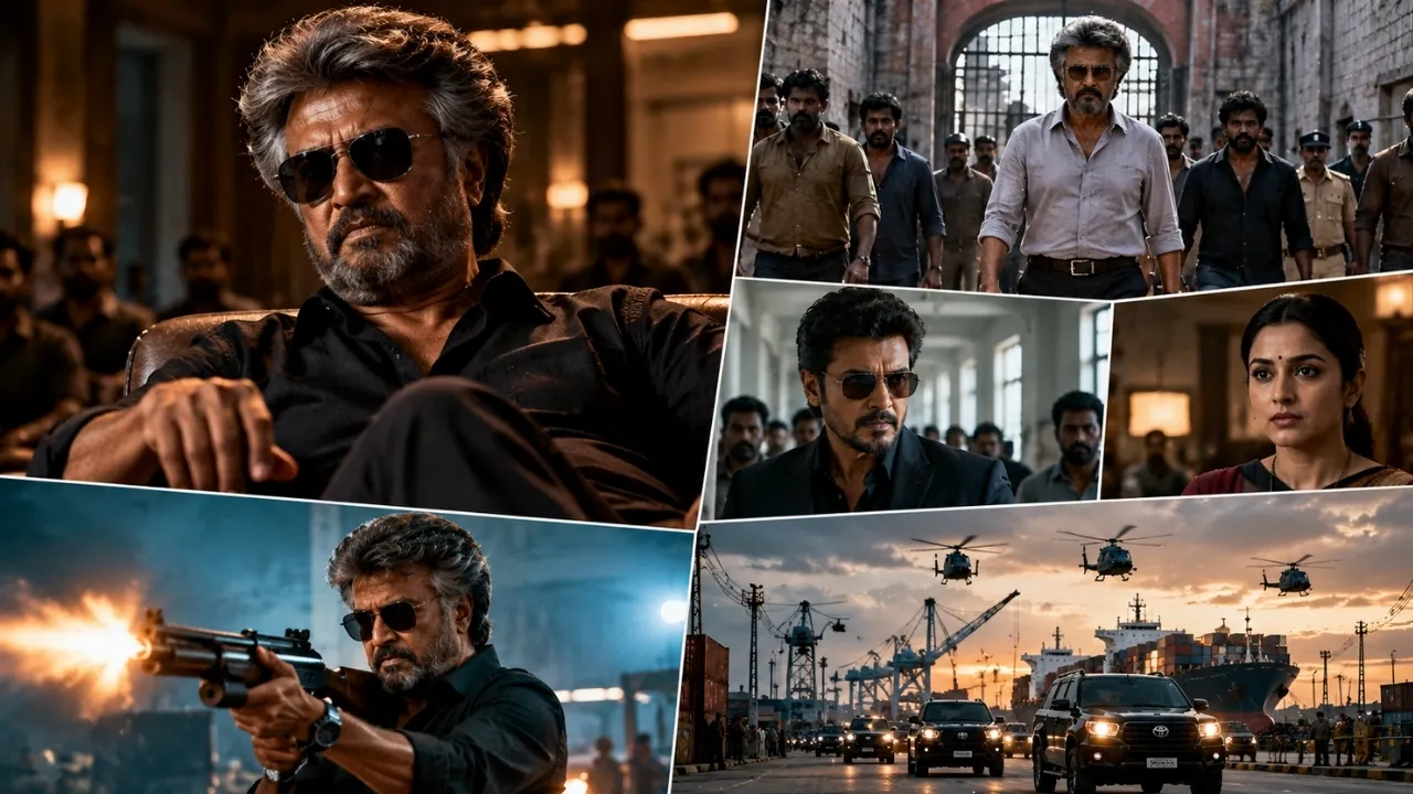 Rajinikanth and supporting characters featured in a cinematic action-thriller collage.